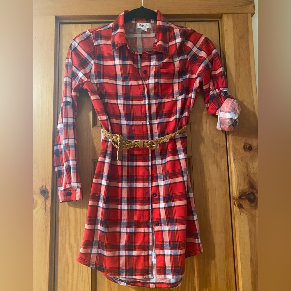 Paper Tee Flannel Dress Red Blue Plaid Long Sleeve Girls 12